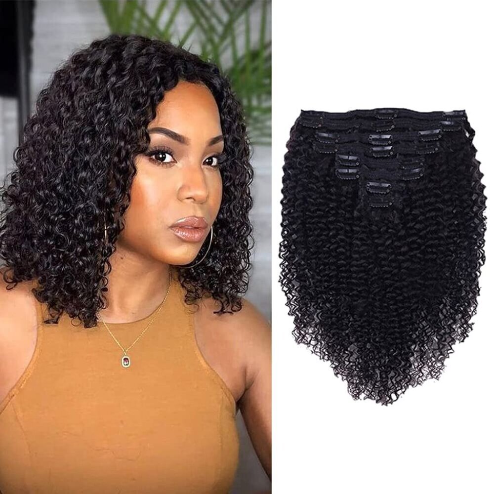 Human Hair Clip In Extensions 14 Inch Curly Wave Natural Color Black Women